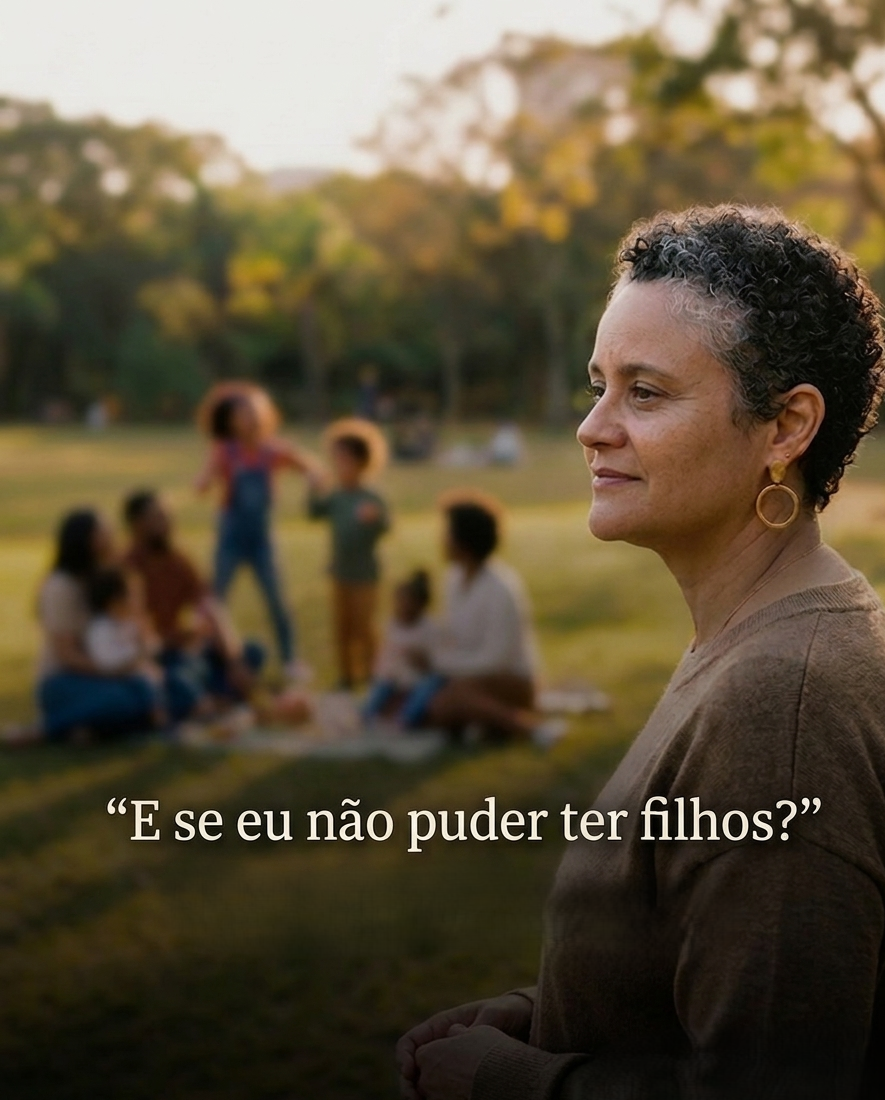 Mulher refletindo enquanto observa uma família ao fundo em um parque